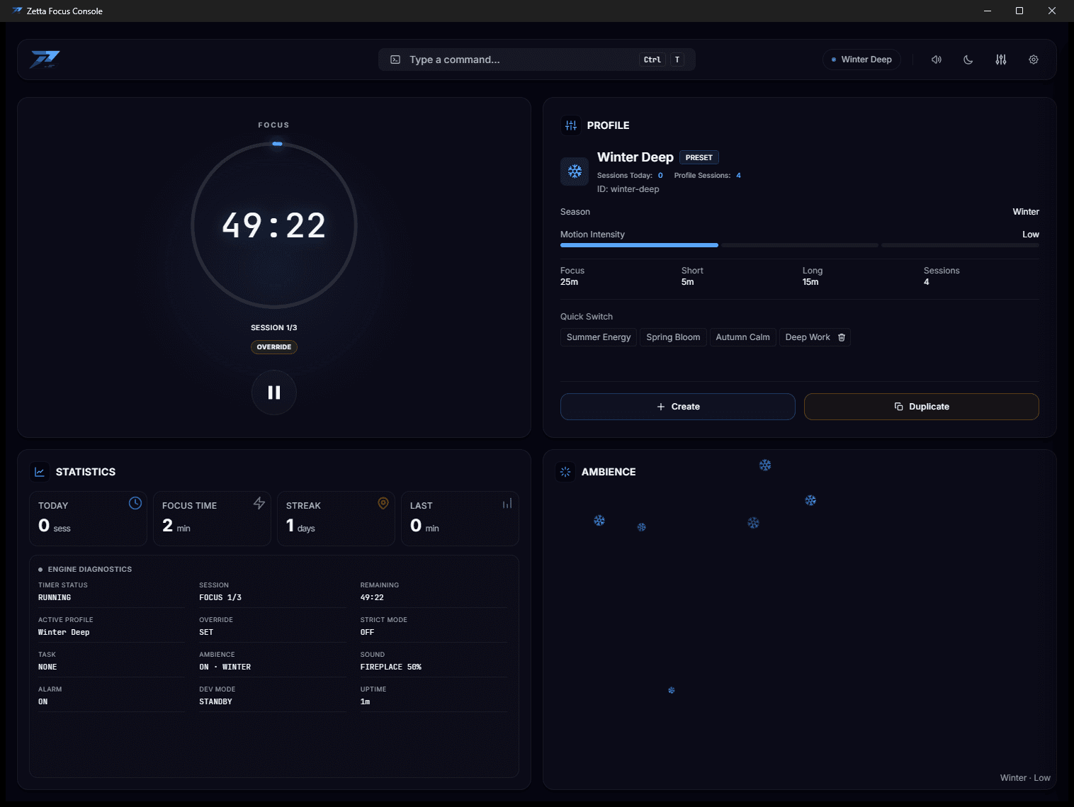 The dashboard: a countdown ring reading 49:22 with an override badge, the active Winter Deep profile and its intervals, session statistics, engine diagnostics, and snow drifting through the ambience panel.