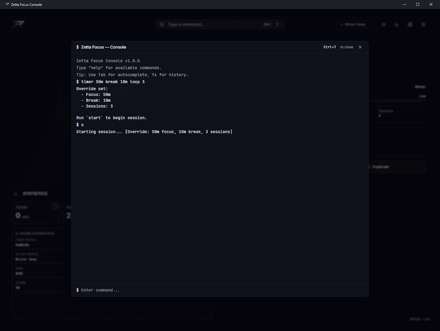 The console open over the app, showing a compound timer command, the override it set, and “s” starting the session.
