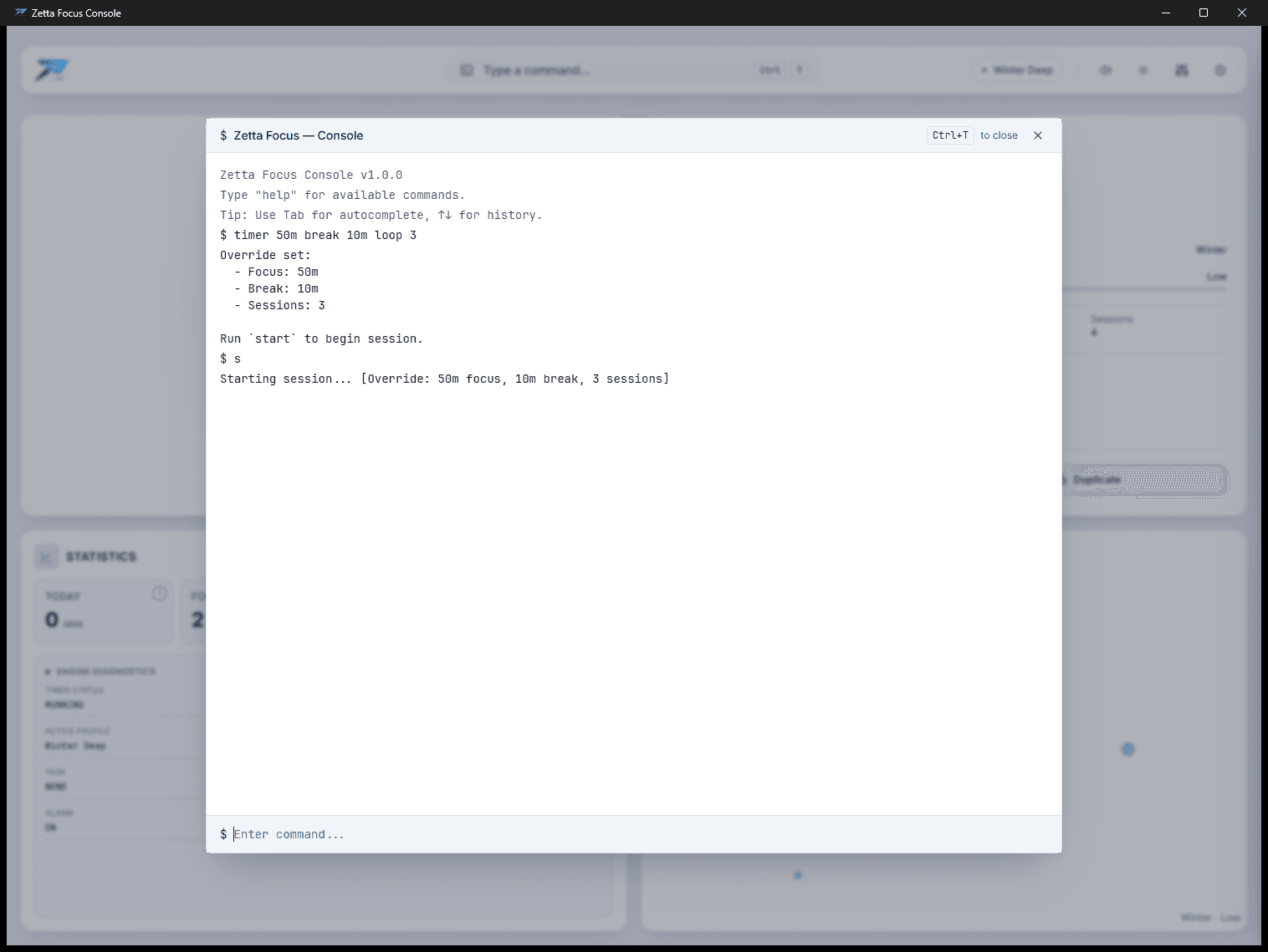 The console open over the app, showing a compound timer command, the override it set, and “s” starting the session.